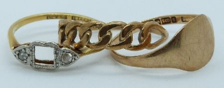 Two 9ct gold rings (2.2g) and an 18ct gold ring (2g)
