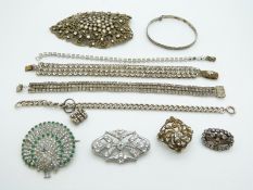 Two vintage paste bracelets, a brooch in the form of a peacock set with paste, Victorian paste