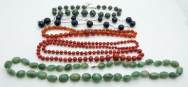 A collection of beaded necklaces to include beaded coral, carnelian, aventurine quartz and sodalite