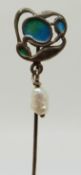 Liberty and Co silver stick pin set with enamel and a drop pearl