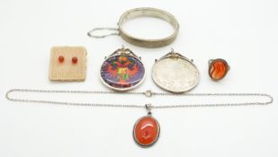 Victorian silver bangle, silver ring set with agate, agate pendant, other agate jewellery, two