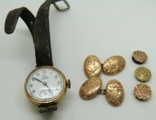 A 9ct gold watch, 9ct gold cufflinks (3.7g) and studs