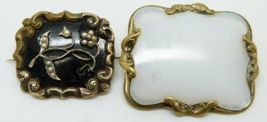 Victorian mourning brooch set with seed pearls and black enamel, verso a glass compartment and