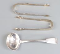 Georgian hallmarked silver sauce ladle, Exeter 1819 maker's mark WW, together with two pair of sugar