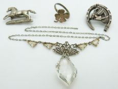Victorian brooch in the form of a horse and horseshoe, a horse brooch, clover ring and a dragonfly