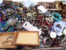 A collection of costume jewellery including white metal bangle, beads, necklaces, watches,