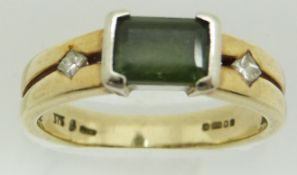 A 9ct gold ring set with an emerald cut tourmaline with a frosted table facet and diamonds, 3.4g,