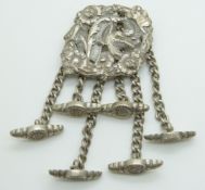White metal buckle with unusual toggles on chains, marked 800 Arias Argentina, width 7cm, weight