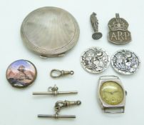 A collection of silver items including compact, buttons, Scottish silver watch, seal, ARP brooch etc