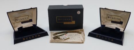 Two Bulova Art Deco wristwatch boxes, one with 'Bulova Fifth Avenue' to the interior and outer