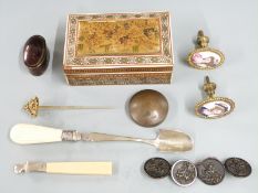 Vizagapatam inlaid box, 15cm, metal buttons, Victorian Hukin and Heath orange peeler, 19thC compass,