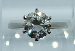 A platinum ring set with a modern round brilliant cut diamond of approximately 2.38ct, by Beards