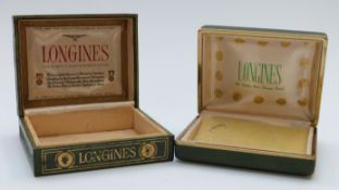 Two Longines wristwatch boxes, each with embossed and gilt decoration and named silk lined