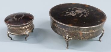 Two hallmarked silver pique work tortoiseshell lidded trinket boxes, the larger London 1918 the