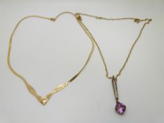 A 9ct gold ribbon necklace, a 9ct gold chain and a 9ct gold pendant set with topaz and paste, 4.9g