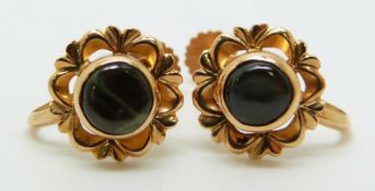 A pair of yellow metal earrings set with black sapphires, 2.5g
