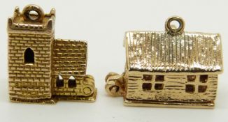 A 9ct gold charm/ pendant in the form of a church opening to reveal a wedding ceremony and a 9ct