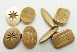 A pair of 9ct gold cufflinks with initial and cutout decoration (8.6g) and another pair of cufflinks