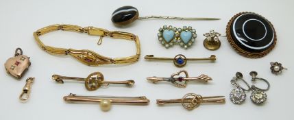 A 9ct gold brooch, Victorian brooches, rolled gold bracelet, pair of silver earrings, a diamond
