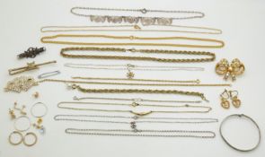 A silver bangle, silver chains, silver brooch, chains, 9ct gold earrings etc