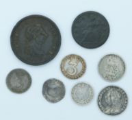A small collection of eight English coins to include Charles I hammered twopence, Queen Anne 1705