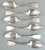Set of six Victorian hallmarked silver fiddle pattern dessert spoons, London 1849 maker Samuel Hayne