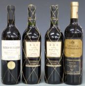 Four bottles of Spanish red wine. Castillo de Calatrava La Mancha 2000 reserva red wine, 750ml, 12.