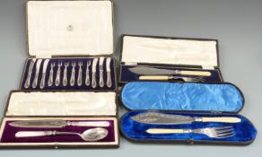 Cased set of 12 hallmarked silver handled cake knives and forks and three further cased sets of