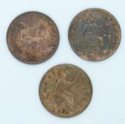Two Victoria 1860 halfpennies, and an 1888 example, all NEF-EF