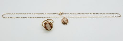 A 9ct gold ring set with a cameo and a pendant, 4.7g