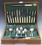 Burr walnut cased six place setting canteen of silver plated cutlery