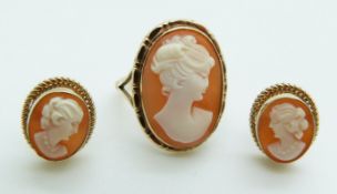 A 9ct gold cameo ring, size J and matching earrings, 5.4g