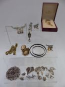 A collection of jewellery including marcasite brooches, gold plated necklace, silver and pearl