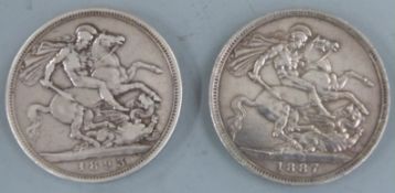 Two Queen Victoria crowns comprising 1893 veiled head and 1887 Jubilee head example