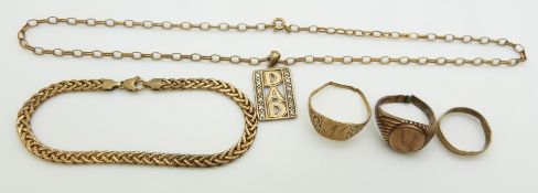 A 9ct gold bracelet, two 9ct gold rings and a 9ct gold 'dad' necklace, 11.2g