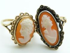 Two 9ct gold rings set with cameos, 6.5g, both size L/M