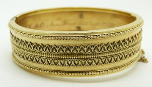 Victorian Etruscan Revival bangle, engraved 'Ann Beau died October 1st 1884'