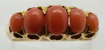 Victorian 15ct gold ring set with five coral cabochons, Birmingham 1873, 3g, size N
