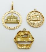 An 18ct gold pendant depicting Kyrenia Castle and two 18ct gold pendants, 8.2g