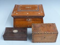 Three boxes comprising 19thC inlaid tea caddy, small rosewood box with silver plaque dated 1930