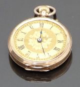 Continental 14ct gold keyless winding open faced pocket watch with blued hands, black roman