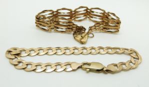 A 9ct gold gate bracelet with a heart padlock clasp and a 9ct gold curb link bracelet, 18g