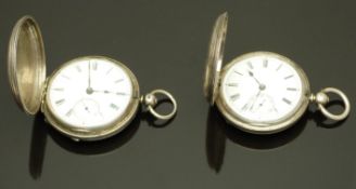 Two hallmarked silver full hunter pocket watches one by J Myers of Portsea both with inset