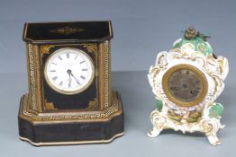 Two mantel clocks, one ceramic and one papier-mâché Paris example
