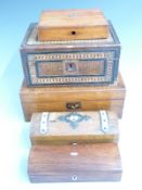 Victorian rosewood and ivory mounted glove boxes, two Tunbridge inlaid writing slopes and a
