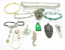 Victorian Greek Key flapper bangle, Art Deco paste necklace, green paste bracelet, cameo, silver