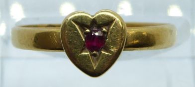 Victorian 18ct gold ring in the form of a heart set with a ruby, London 1886 maker MP & P, 2.1g,