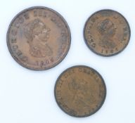 George III 1806 halfpenny third Soho Mint type, an 1806 fourth Soho Mint farthing and a 1799 third