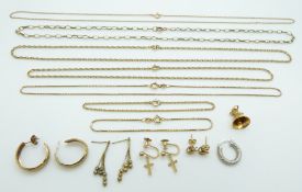 Five 9ct gold necklaces, two 9ct gold bracelets and 9ct gold earrings, 22.2g