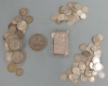 A collection of various silver coins comprising approximately 154g of pre-1947 mixed coins including